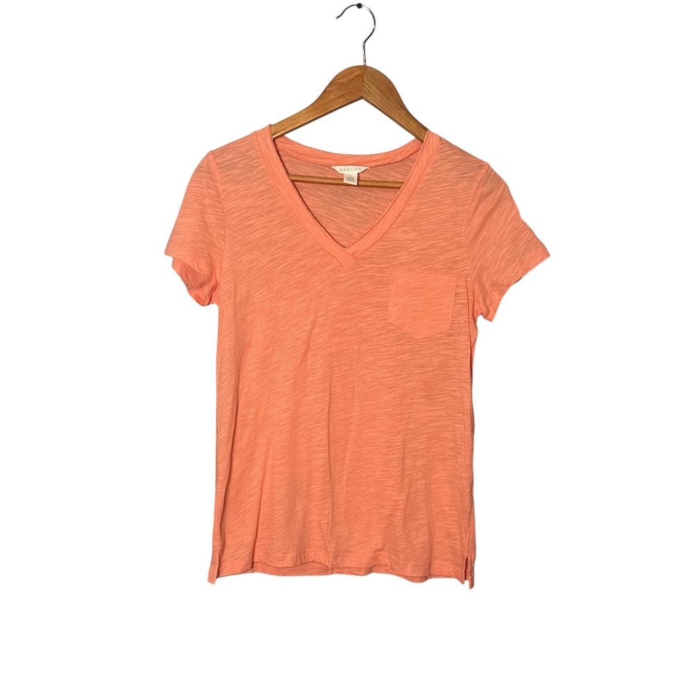 Caslon Womens Small V-Neck Pocket‎ T-Shirt Coral Pink Cotton Modal Slub Knit S